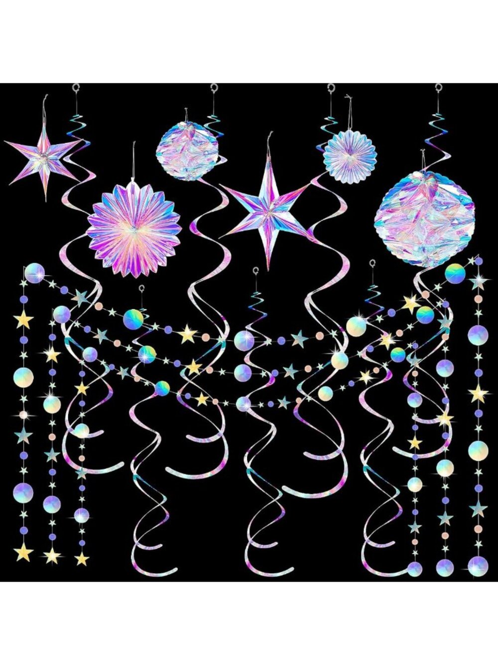 Iridescent Holographic Party Supplies Kit - 29 Pieces, Decorative Hanging Decor